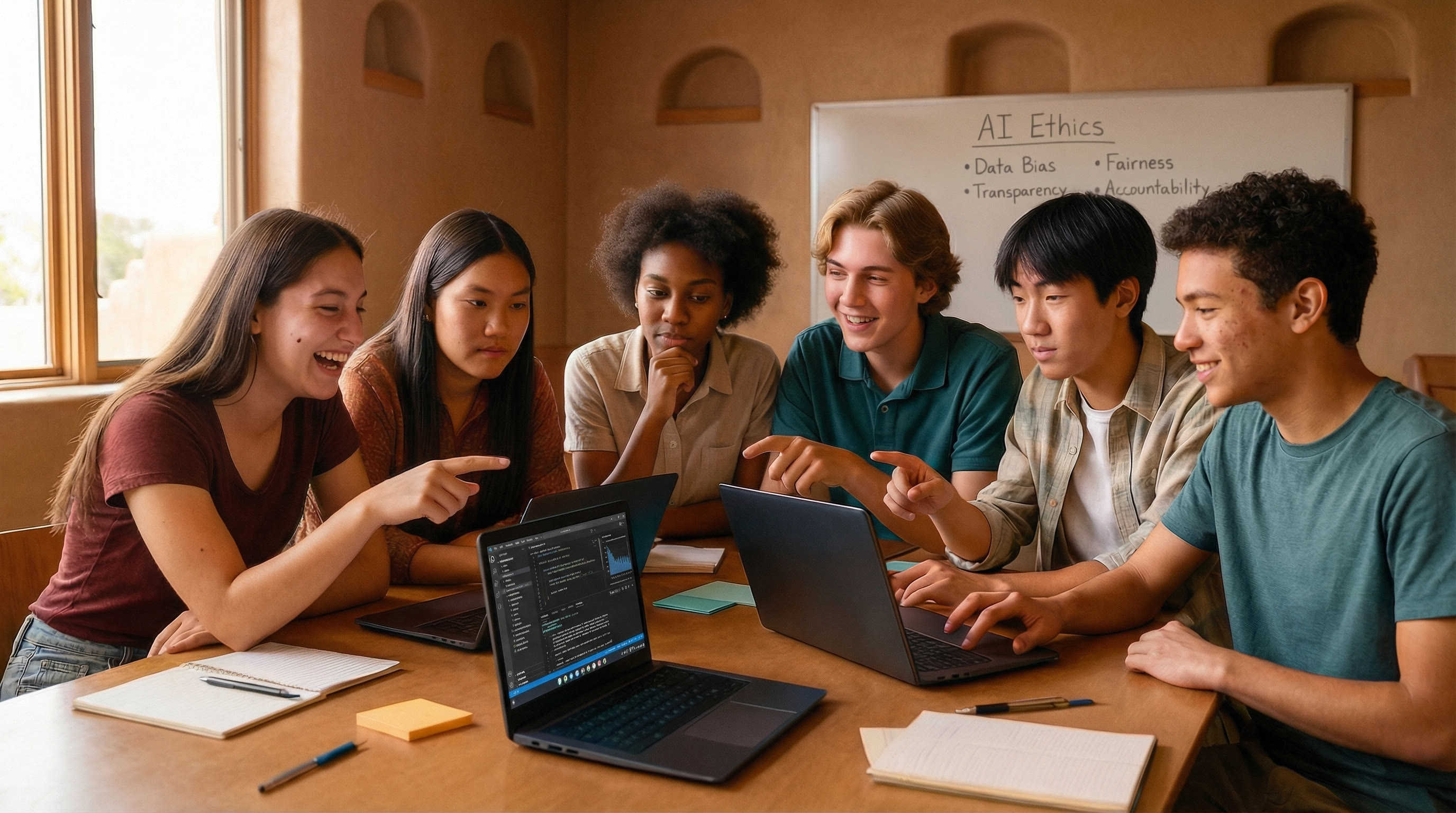 Diverse New Mexico students collaborating on AI projects in a bright classroom