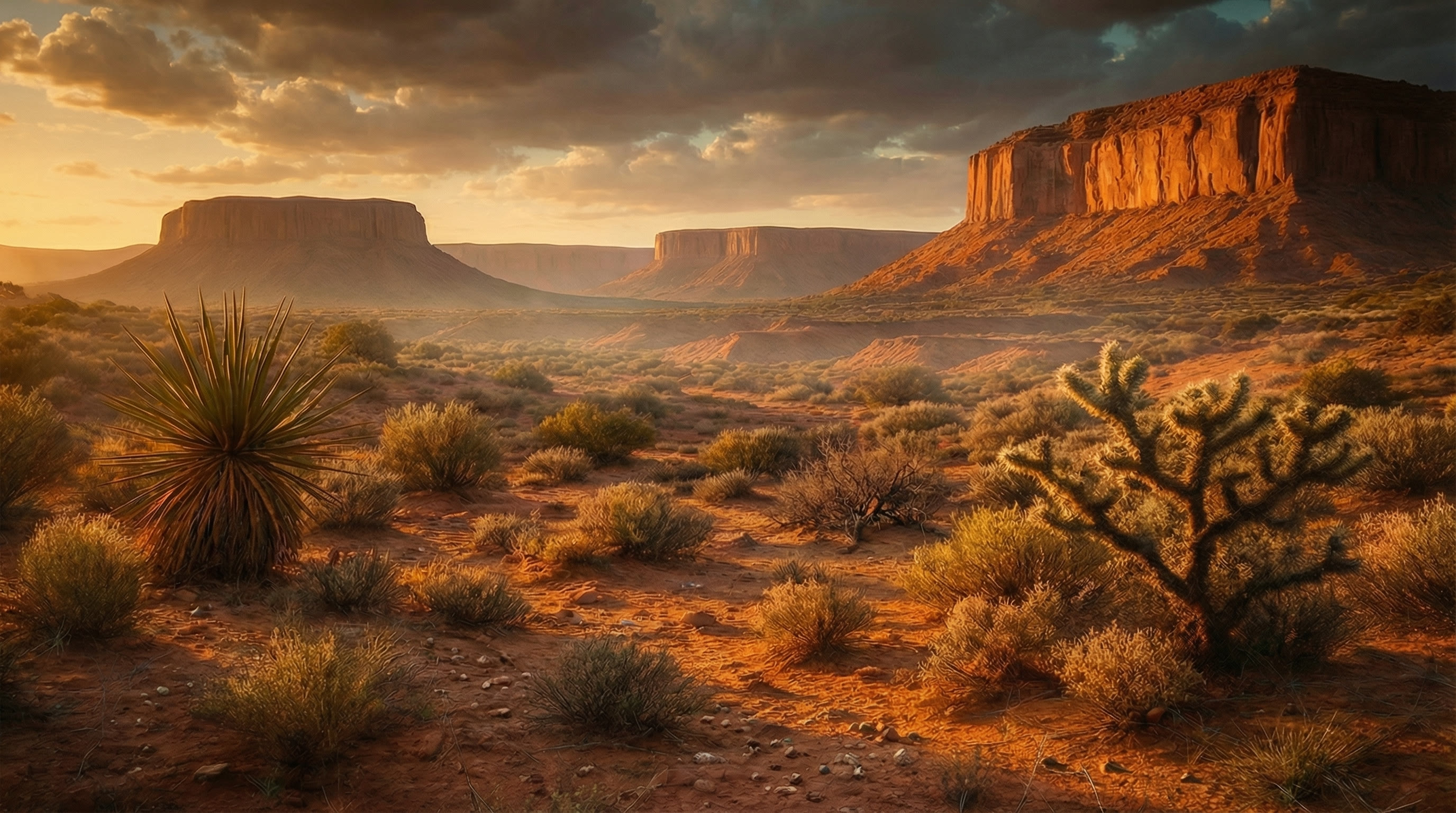 New Mexico mesa landscape at golden hour with subtle technology overlay