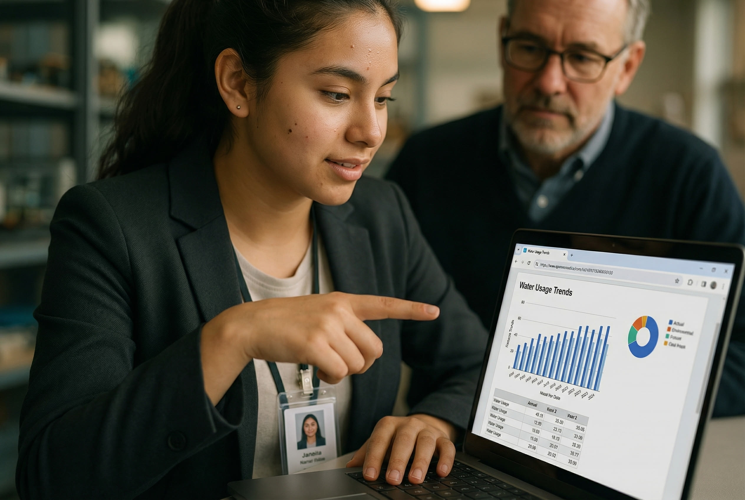 Hispanic student in a professional internship setting, applying AI literacy in the workplace